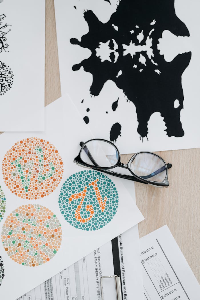 Services-02 Flat lay of color blindness tests and inkblot cards with eyeglasses for vision assessment.